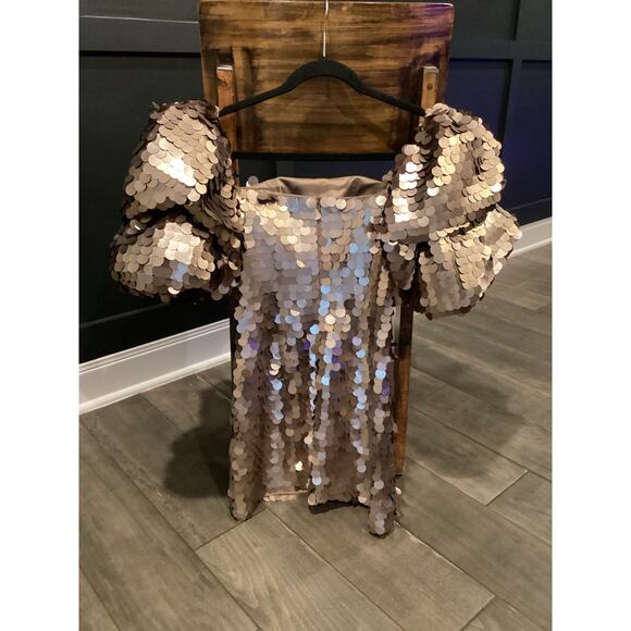 LEO LIN Brenda Gold Brown Sequin Puff Sleeve Statement Piece Mini Dress US 2 NWT - Picture 4 of 11